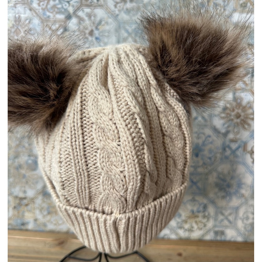 Brooklyn Twenty Cable Knit Double Pom Beanie Kids One Size Beige Excellent